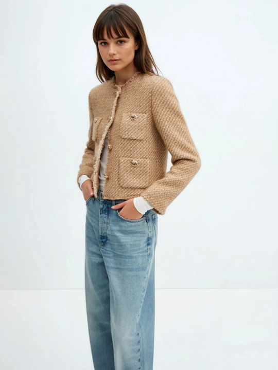 Einreihiger Tweed-Cardigan mit Rundhalsausschnitt