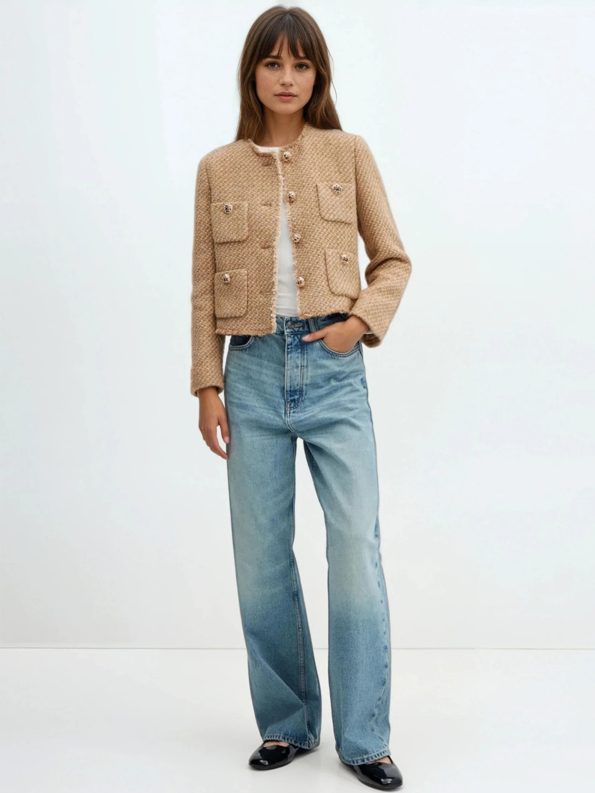 Round Neck Single-breasted Tweed Cardigan