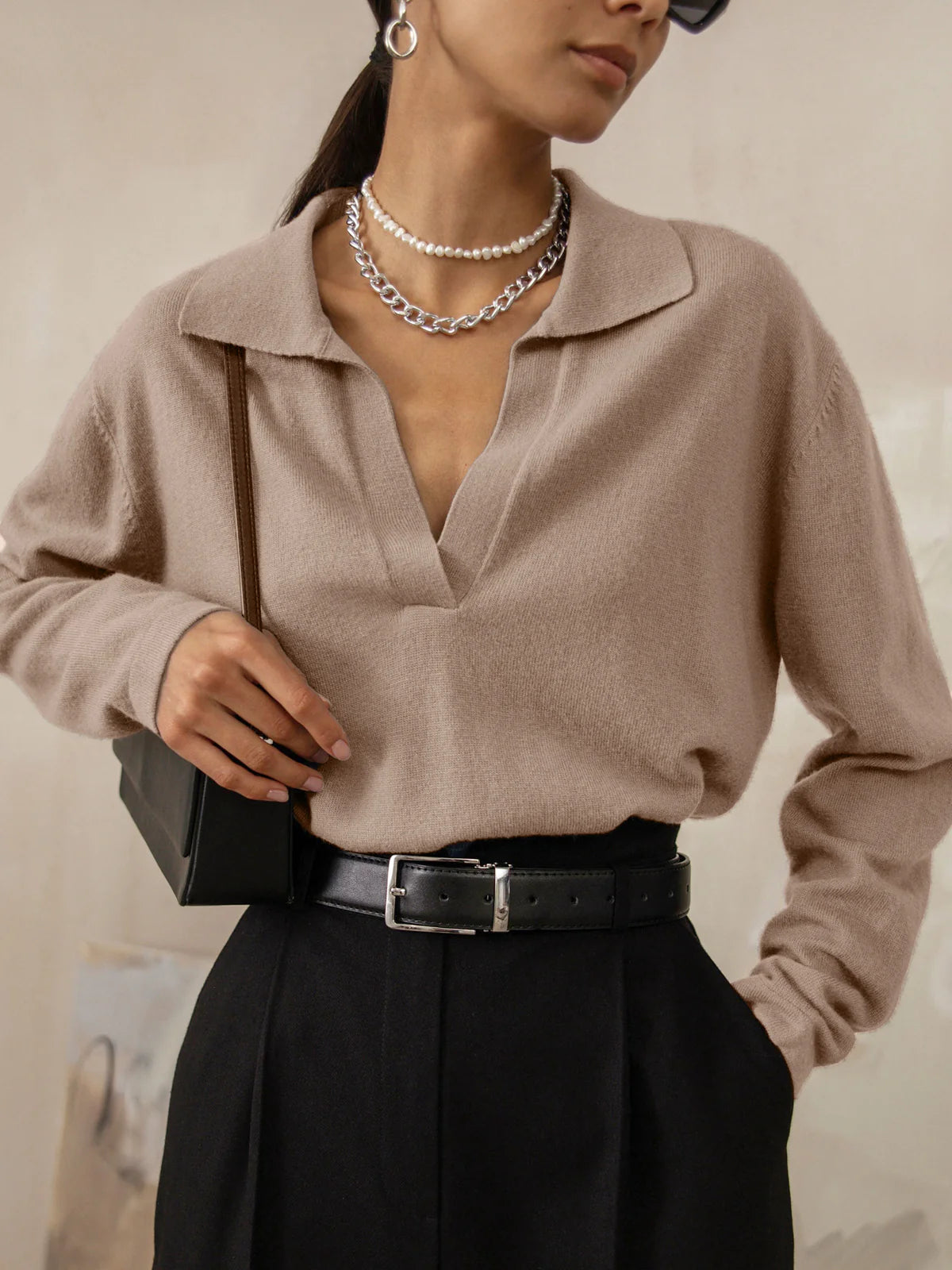 Leisure Collared Pullover Sweater - LA FEMME WANDERER
