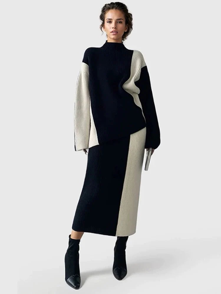 Stripe Two Piece Knit Skirt Matching Set - LA FEMME WANDERER