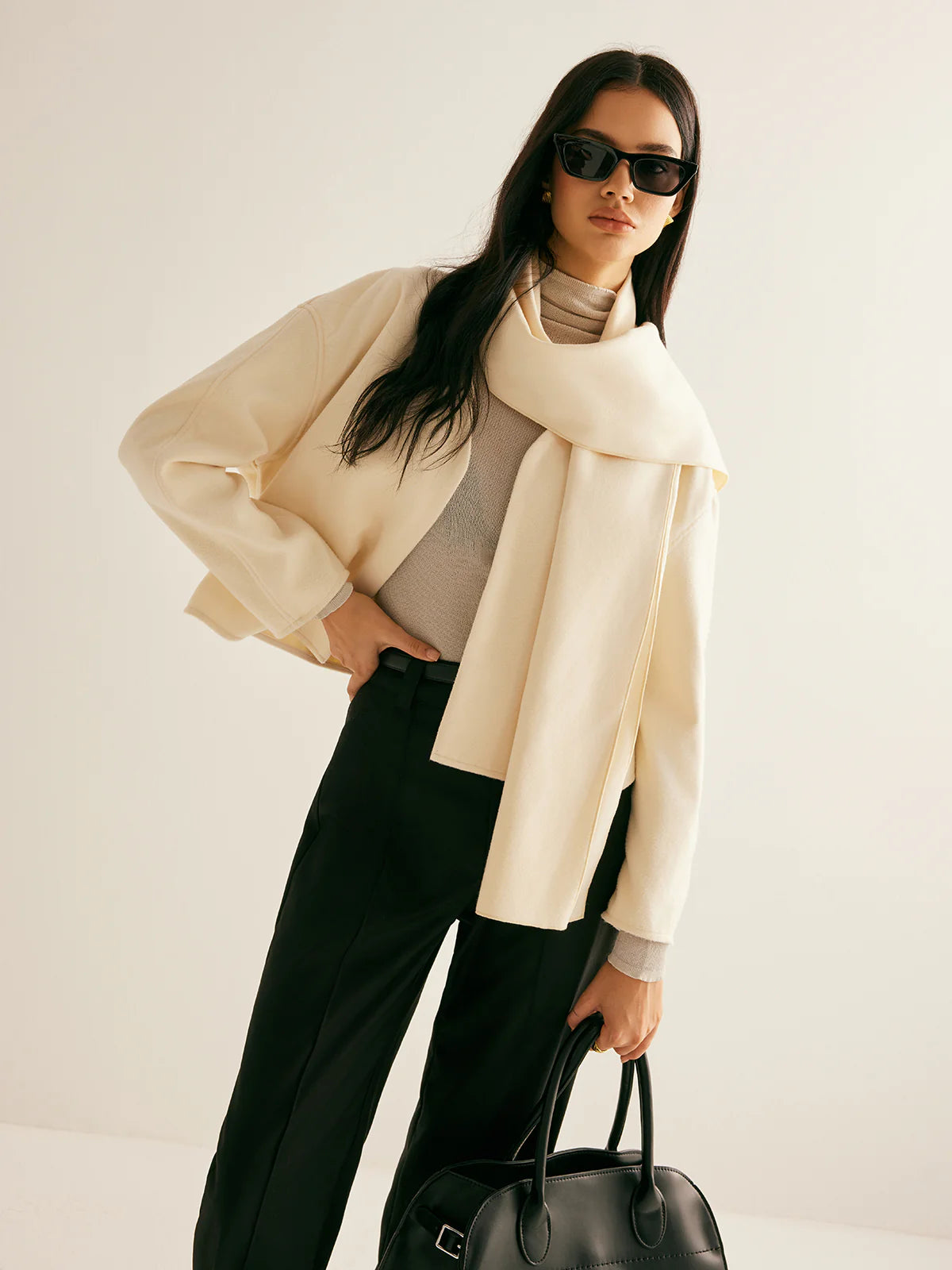 Plain Short Coat With Scarf - LA FEMME WANDERER