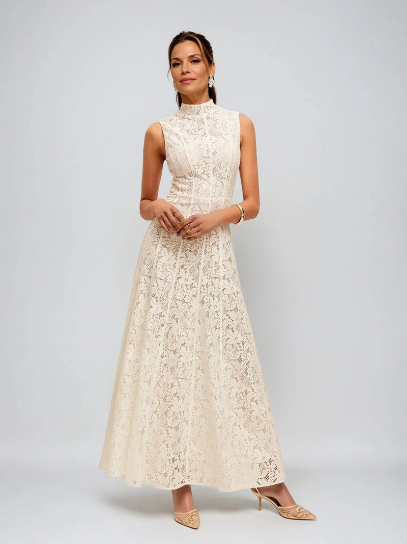 Half Turtleneck Sleeveless Semi-Sheer Lace Dress