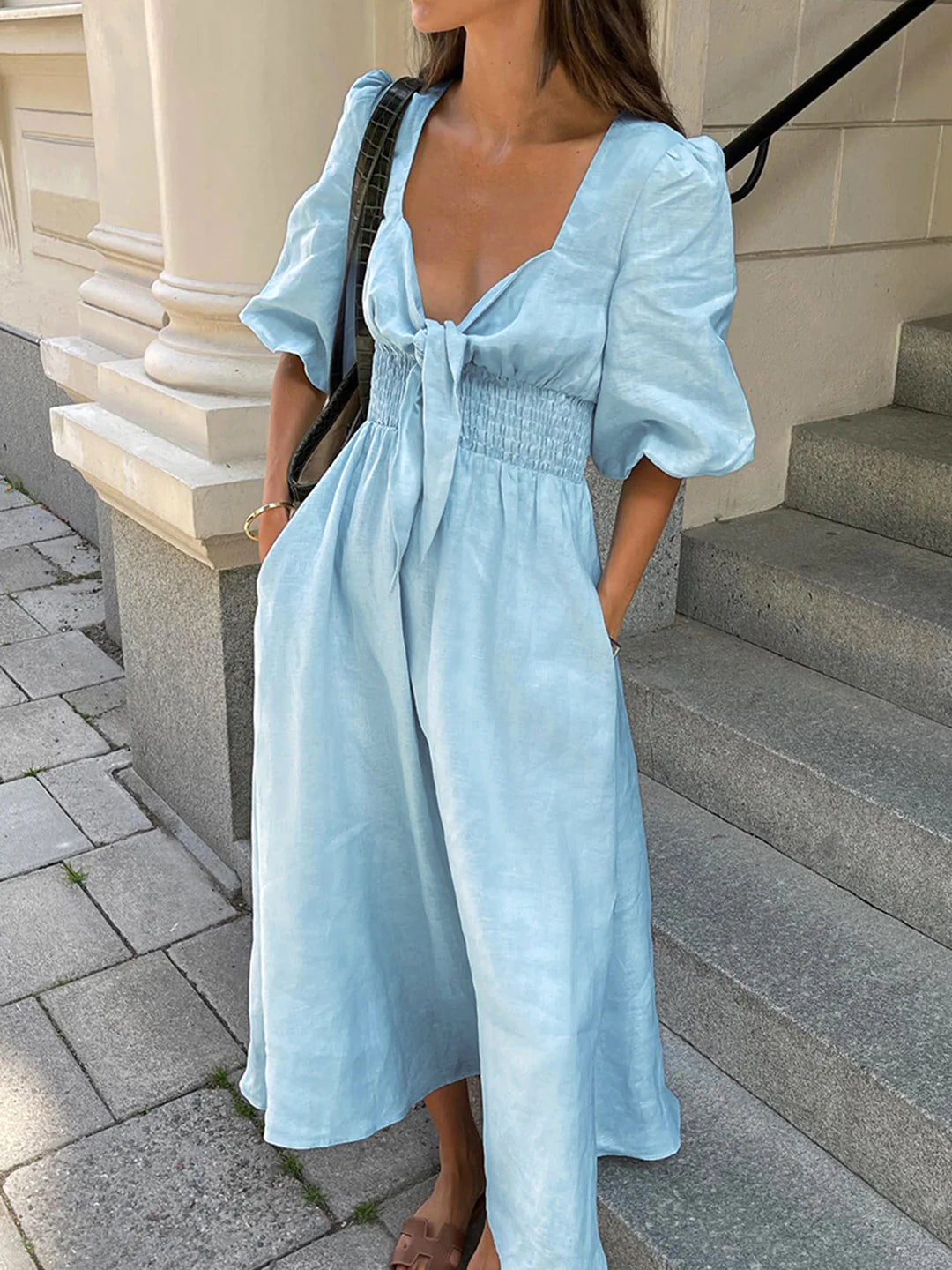 Linen Cotton Front Tie Midi Dress - LA FEMME WANDERER