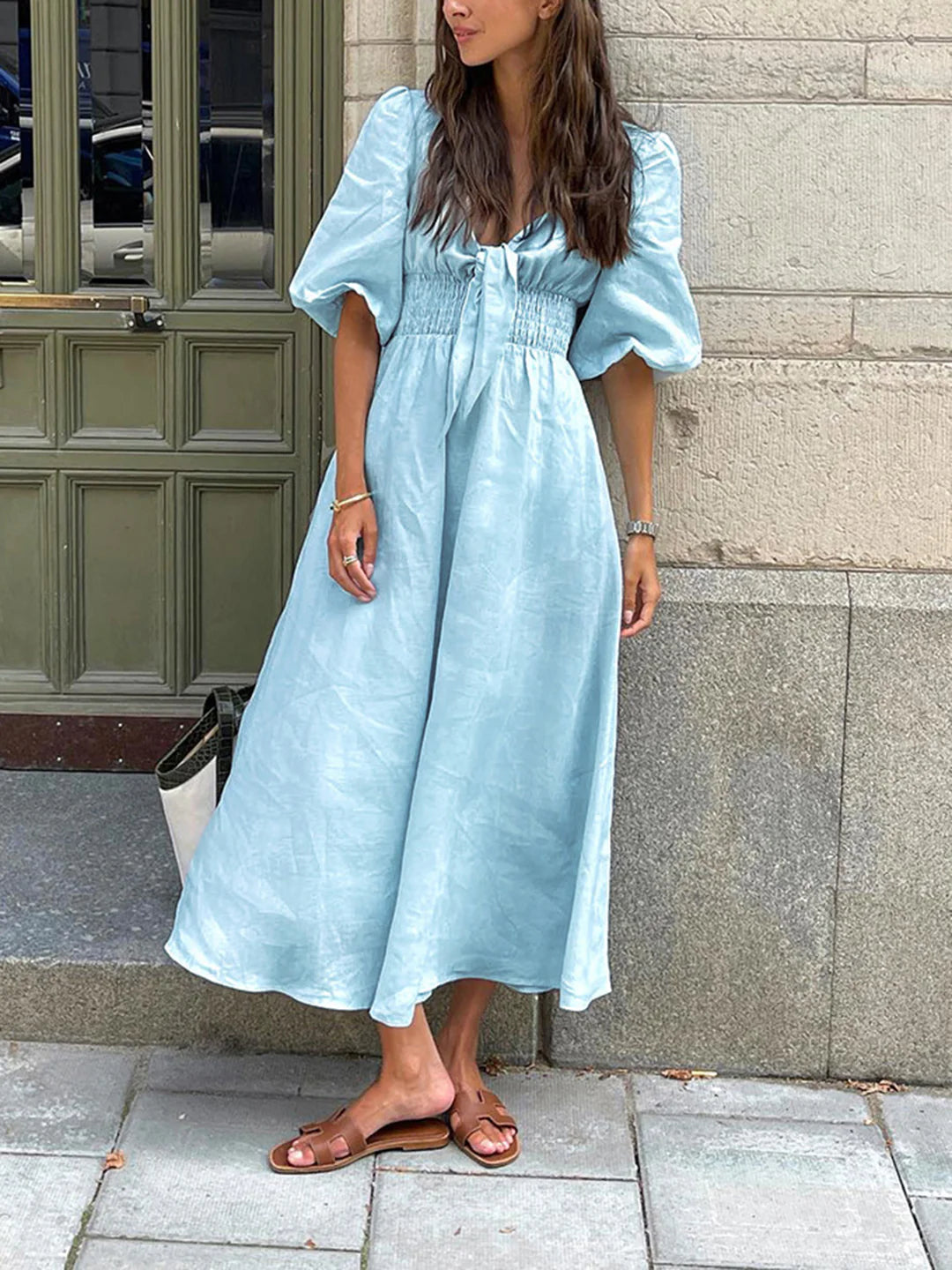 Linen Cotton Front Tie Midi Dress - LA FEMME WANDERER