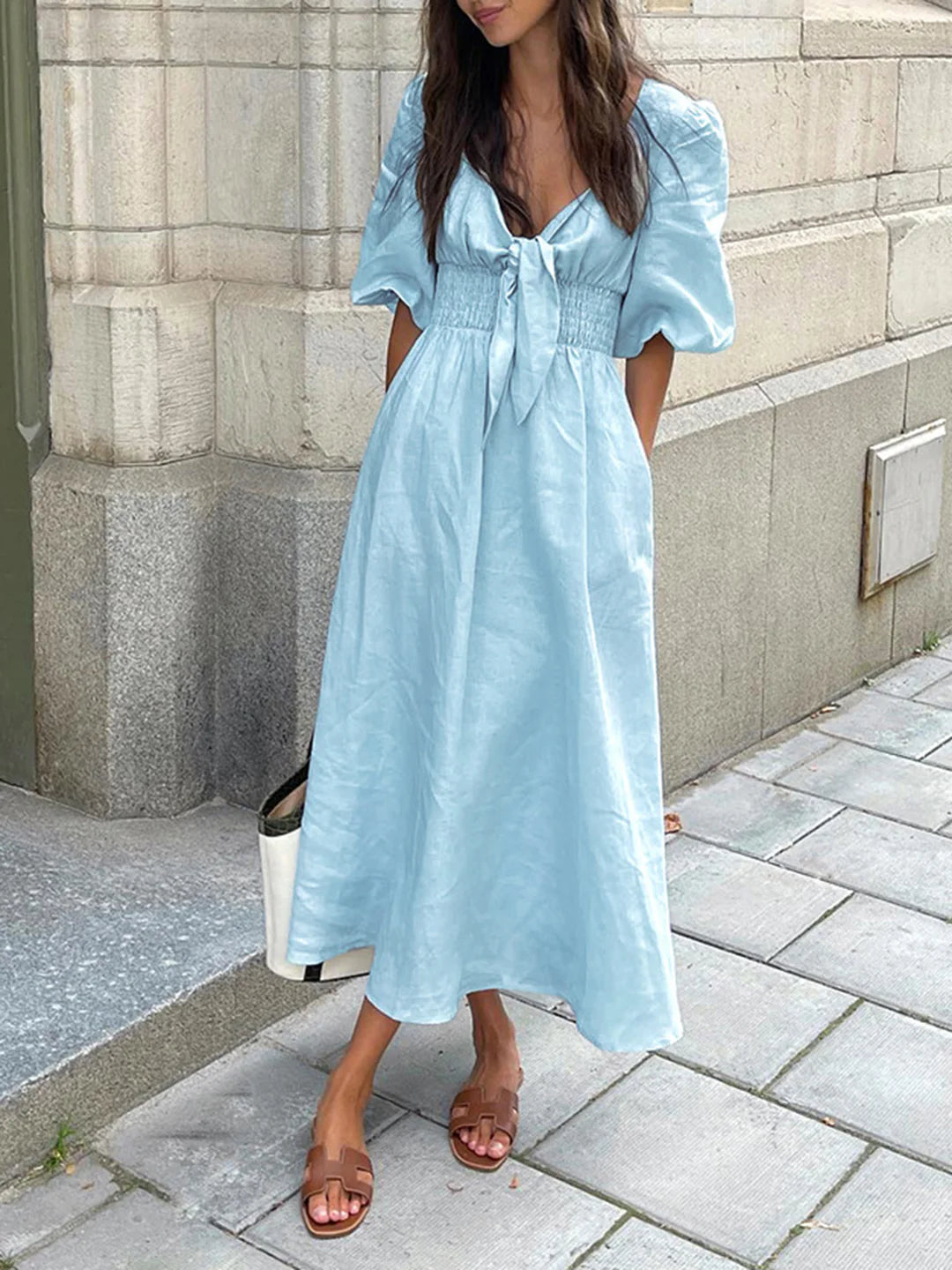 Linen Cotton Front Tie Midi Dress - LA FEMME WANDERER