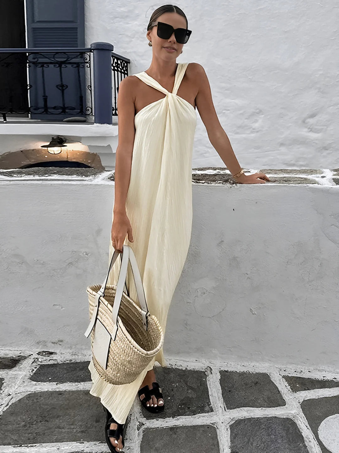 Backless Cross Shoulder Halter Long Dress - LA FEMME WANDERER