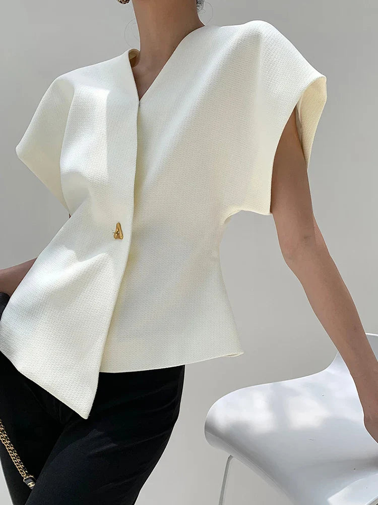 V-Neck Button Down Blouse - LA FEMME WANDERER