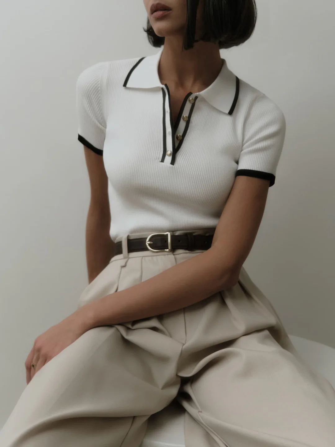 Contrast Trim Metal Button Knit Top - LA FEMME WANDERER