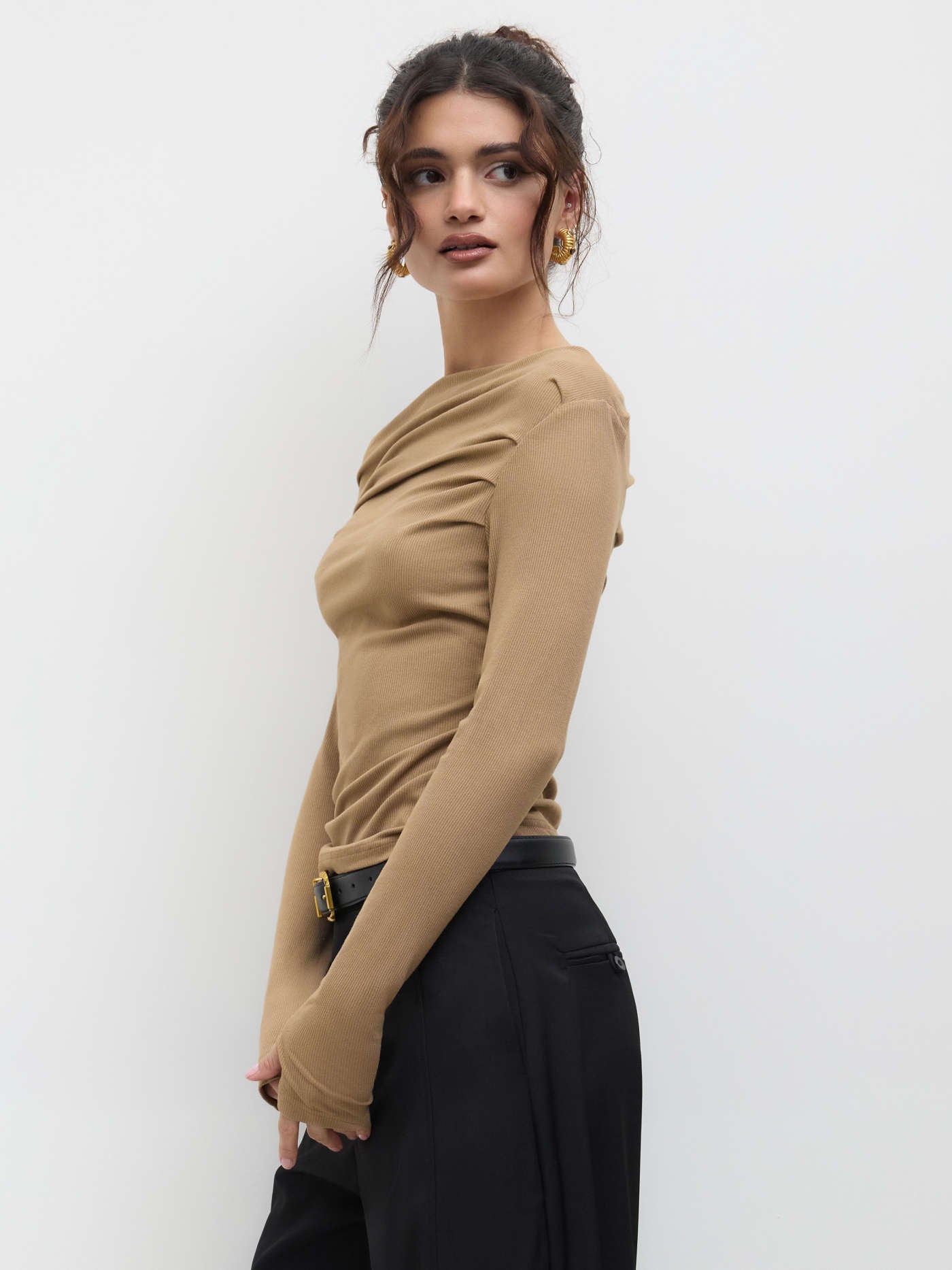Solid Asymmetrical Neck Long Sleeve Top - LA FEMME WANDERER