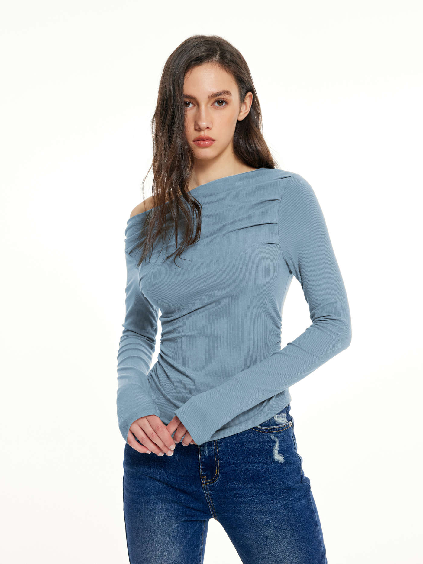 Solid Asymmetrical Neck Long Sleeve Top - LA FEMME WANDERER
