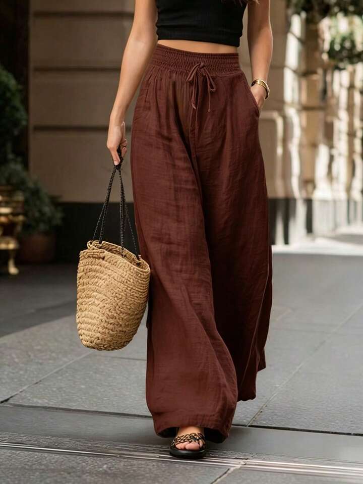 Casual Style Elastic Waist Wide Leg Pants