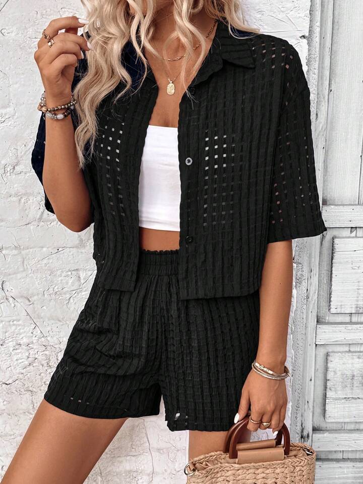 Textured Button-Up Shirt & Drawstring Shorts Co-Ord for Effortless Summer Style