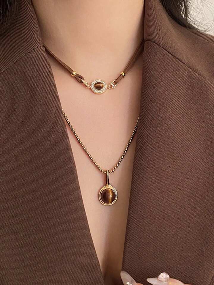 2PCS Layered Tiger Eye Necklace Set – Elegant Vintage Pendant Jewelry
