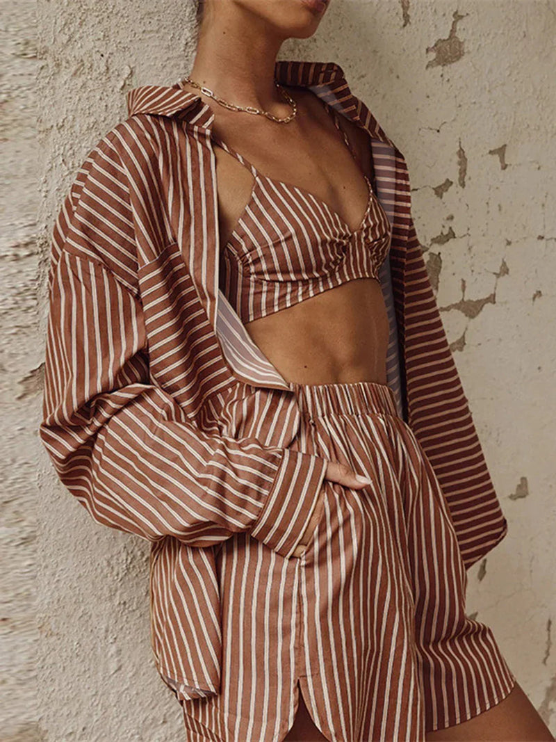 Single-breasted Long Sleeve Lapel Stripe Three Piece Shorts Set