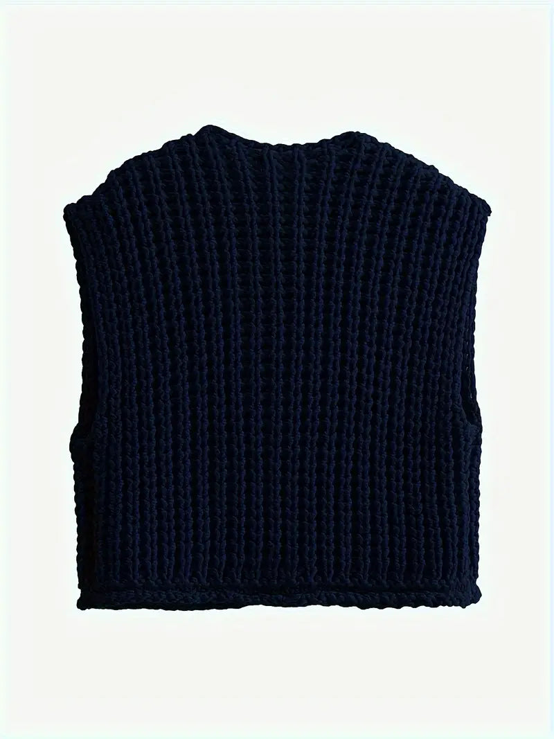 Pocket Sleeveless Short Knitted Cardigan Vest - LA FEMME WANDERER