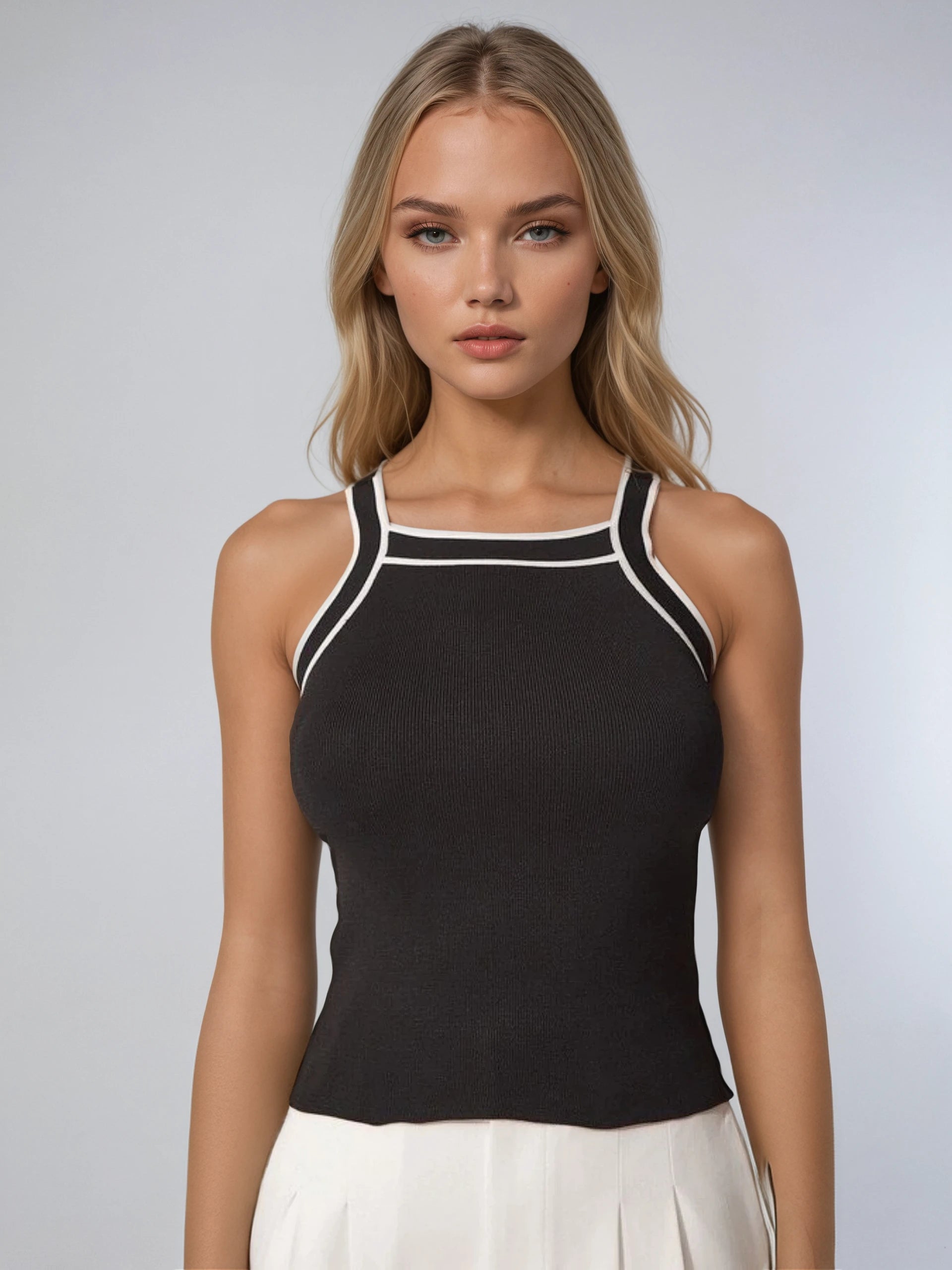 Elegant Style Contrast Trim Knit Tank Top - LA FEMME WANDERER