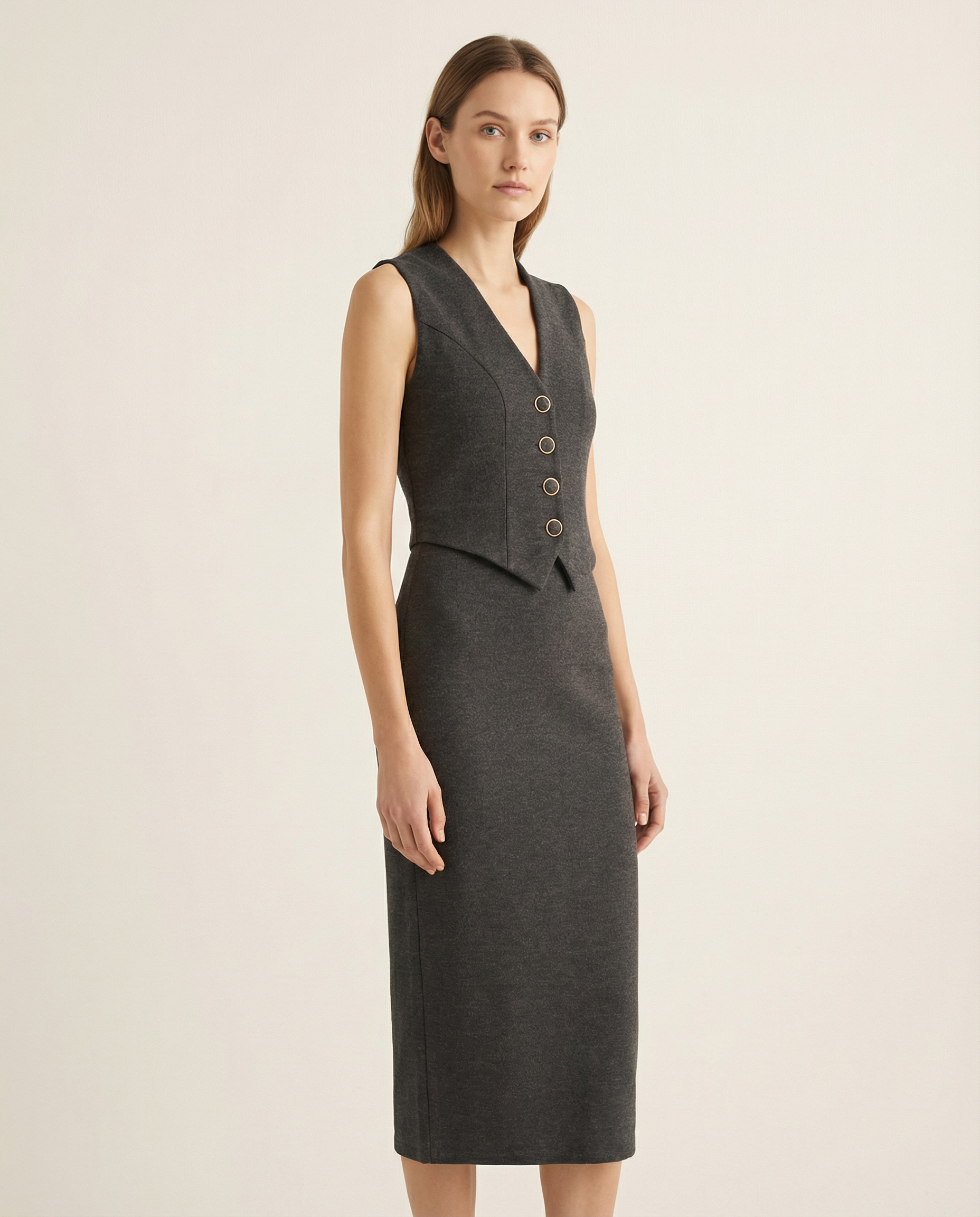 Elegant Sleeveless V Neck Button Midi Pencil Dress For Party And Evening Events And Special Occasions