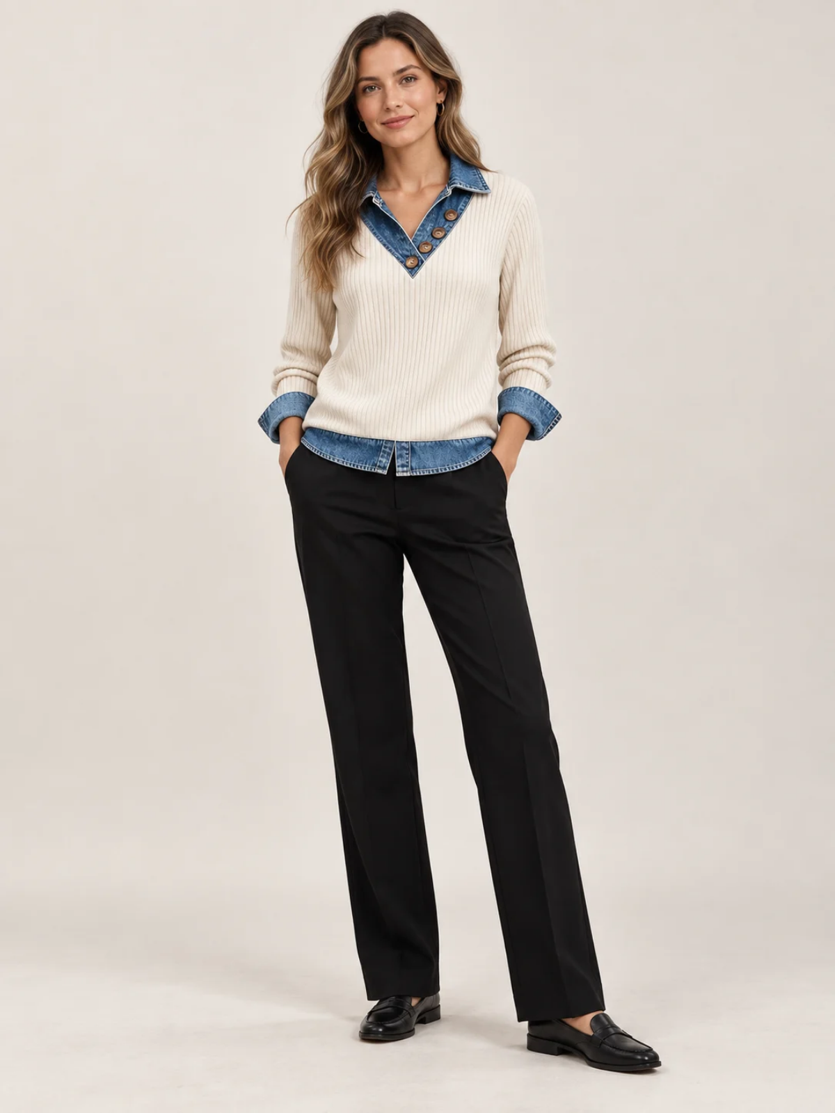 Denim Trim Ribbed V-Neck Knit Top