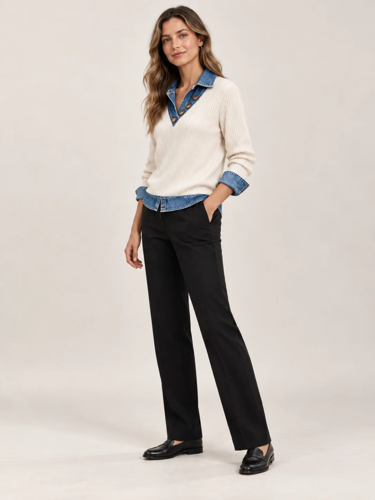Denim Trim Ribbed V-Neck Knit Top