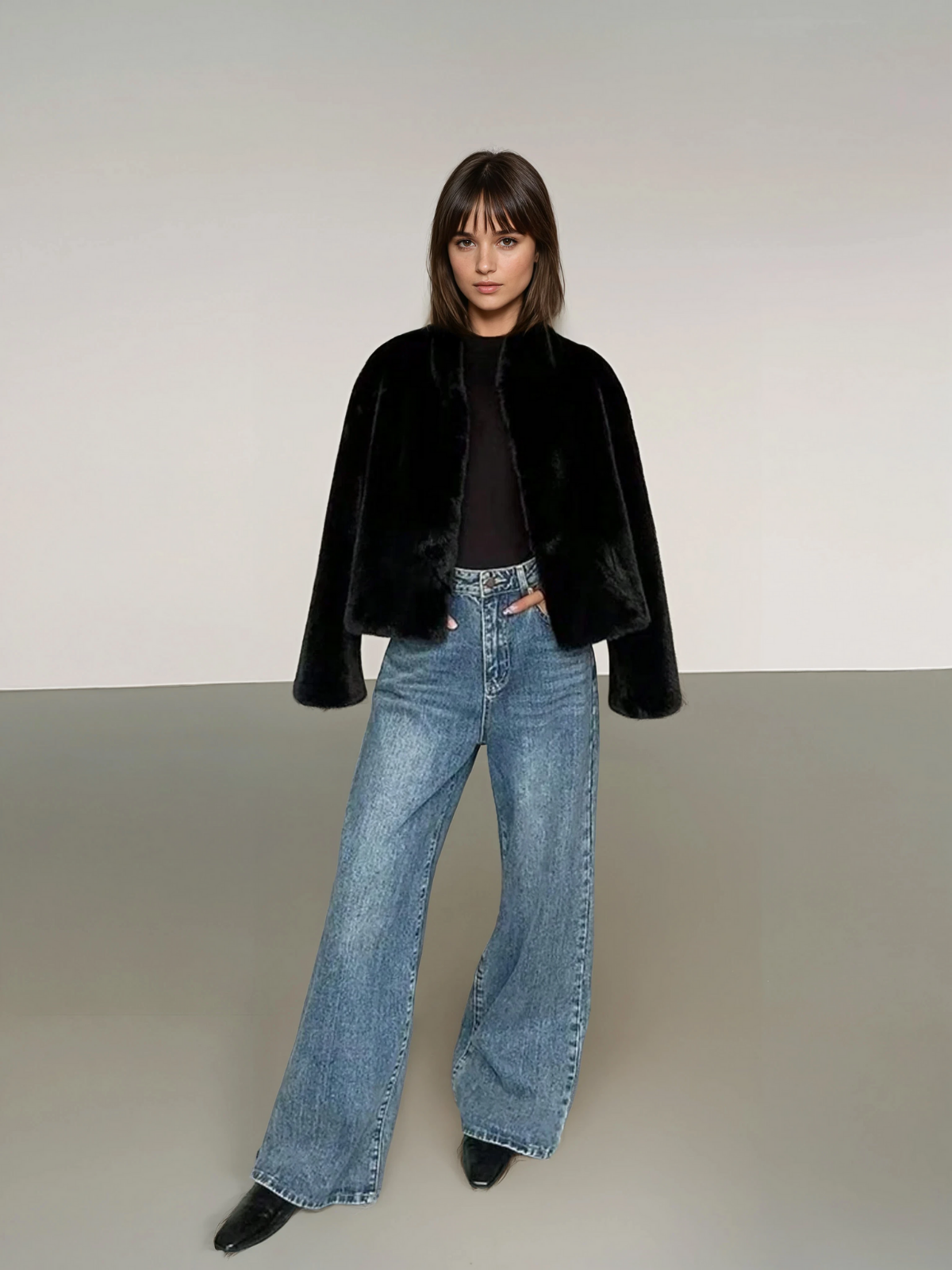 Eleganter schwarzer Kunstpelzmantel für Damen, Stehkragen, lange Ärmel, normale Passform, unverzichtbar für die Wintergarderobe