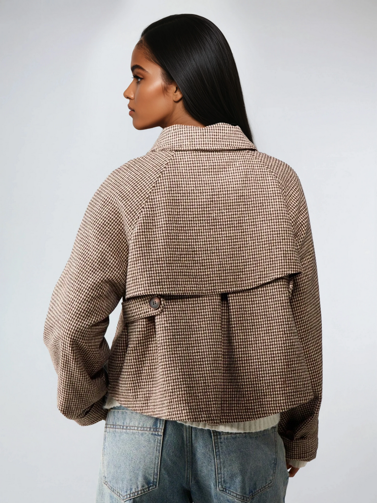 Gesteppte Jacke mit Hahnentrittmuster und hohem Kragen, Oversize-Mantel für kaltes Wetter