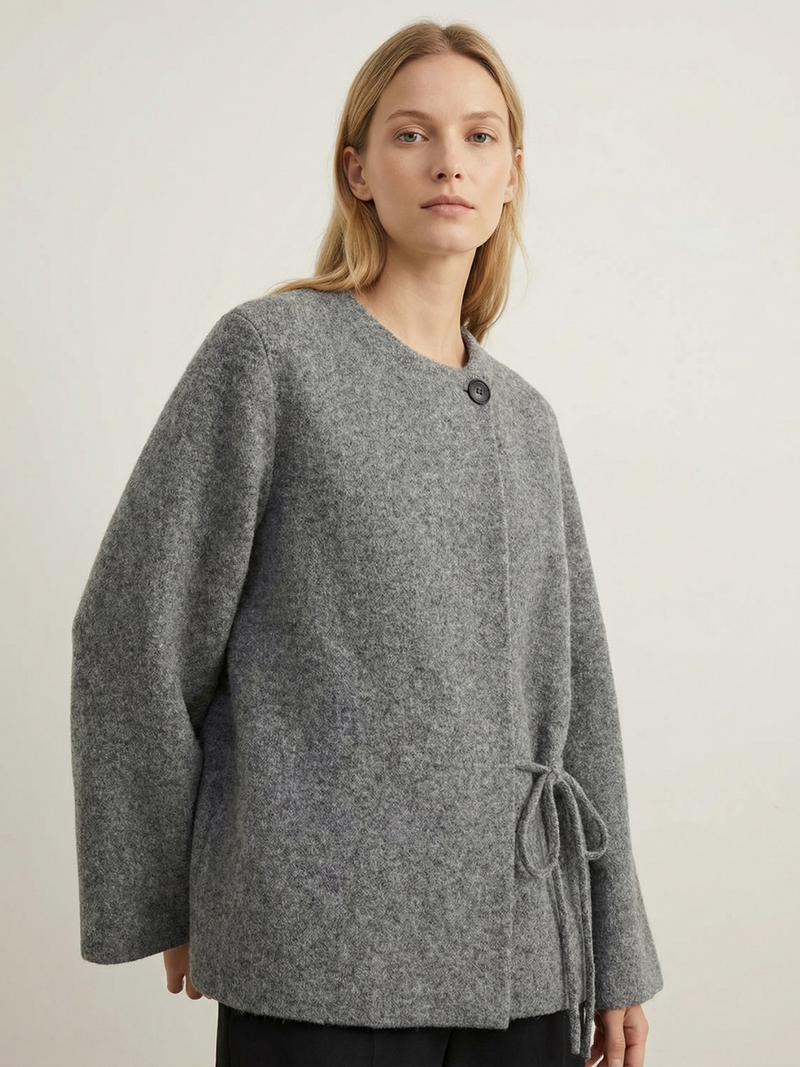 Gray Kimono Knit Coat With Front Button Tie