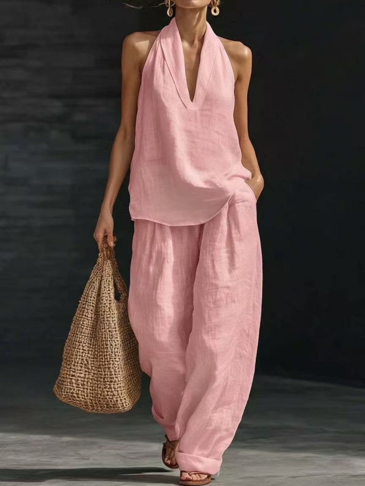 Elegant Style Halter Top & Wide-Leg Pants Co-Ord