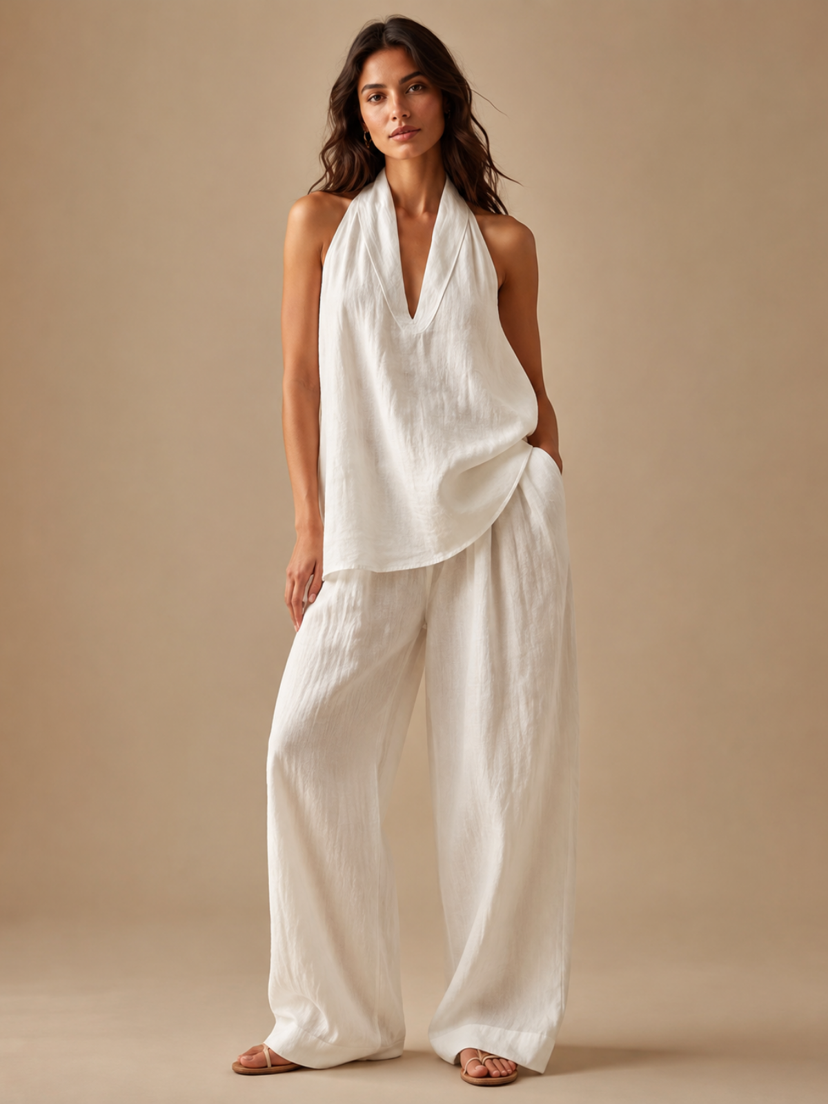 Elegantes Neckholder-Top und Hose mit weitem Bein, Kombiteil