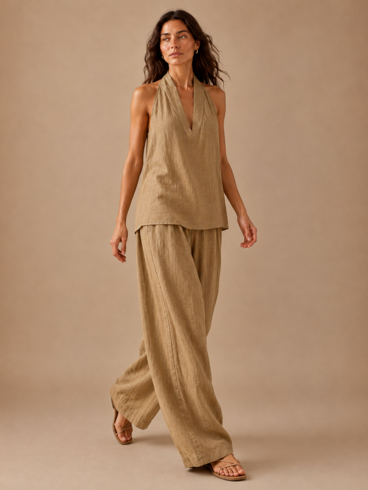 Elegantes Neckholder-Top und Hose mit weitem Bein, Kombiteil